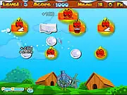 Screenshot of Freeze The Infernos online game, snowman shooting snowball at a flame, physics puzzle game