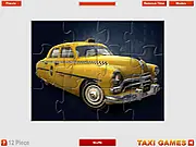 Online jigsaw puzzle game featuring a vintage black mafia taxi, selecting difficulty mode, shuffling puzzle pieces, close-up of a completed section of the Mafia Taxi Puzzle.