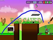 Screenshot of the Egg'Scape game showing drawn lines forming a path for a small egg to roll toward a basket.