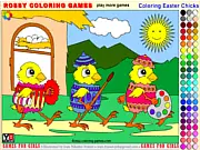 Coloring Easter Chicks online game screenshot, a blank line art image of cute baby chickens and decorated Easter eggs ready to be colored, free kids game