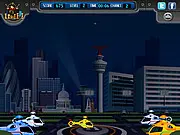 Gameplay screenshot of Helicopter Landing 2, showing a small green helicopter maneuvering through a narrow obstacle-filled gap toward a landing pad.