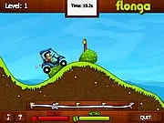 Screenshot of the Crazy GolfCart game showing a golf cart driving aggressively over a large green hill under a blue sky.