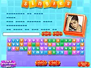 A word scramble puzzle game screen with letters and a trivia question about Justin Bieber, with a Certificate of Fandom icon