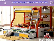 A close-up view of a modern bunk bedroom scene with hidden alphabet letters scattered around the furniture