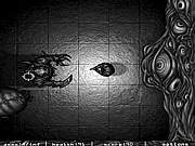 A lone character shooting a wave of shadowy, grayscale monsters in the intense action shooting game