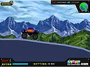 Truck Racing Madness game showing a monster truck mid-air over a challenging off-road obstacle, ready to upgrade.