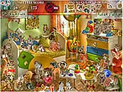 Search for Cats online game screenshot, finding hidden cats in a room, free hidden object game on PlayArcadeHub