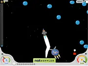 A small rocket launching from the ground, soaring high into the blue sky and outer space in the WonderRocket online game