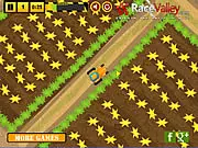 A large green farm tractor being carefully maneuvered into a parking spot near a barn on the Farm Parking Simulator online game screen