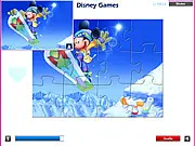 Play Mickey Mouse Jigsaw Puzzle free online game, featuring Mickey Mouse snowboarding and Donald Duck falling in the snow.