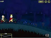 Moto Mayhem free online game screenshot, showing a wacky character on a motorbike performing a mid-air flip over a ramp