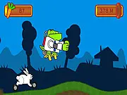 MotoRabbit free online game - laser-eyed rabbit on wheels racing a jetpack dinosaur toward a spaceportal.
