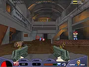 Screenshot of Robot Hunter Blitz game, crosshairs aiming at a mechanical enemy, free online shoot 'em up game