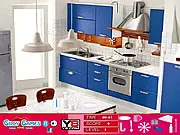 Screenshot of the Modern Blue Room Hidden Objects game, showing a contemporary room with a sofa, bookcase, and several cleverly hidden items highlighted.