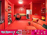 Screenshot of the Red Room Hidden Objects game, featuring a room dominated by red colors, including a couch, rug, and various pieces of furniture where hidden items are concealed.