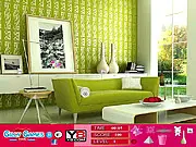 Screenshot of the Modern Green Room Hidden Objects game, showing a contemporary living space with green walls, furniture, and various small objects concealed within the scene.