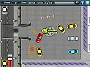 Screenshot of Restaurant Parking free online game showing a car carefully navigating obstacles in a parking lot.