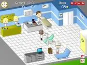 Hospital Frenzy free online time management game screenshot showing a nurse guiding patients to various treatment rooms on PlayArcadeHub