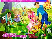 Screenshot of the Easter Fun Hidden Letters game, showing a bright garden scene with Easter eggs and baskets, where hidden alphabet letters are concealed in the image.