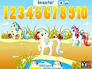 Screenshot of the How Many Ponies Are game showing a mystical green landscape with several small, colorful cartoon ponies scattered around.