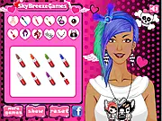 Woman with bold, colorful hair and dramatic makeup receiving an 'Emo Makeover' in the free online game