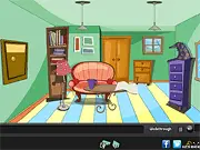 Screen from Escape from Magician's Room game, showing a stage with magic boxes, a locked cabinet, and mystical props.
