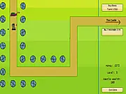 Screenshot of The Arecibo Response TD tower defense game, showing turrets firing at invading alien creatures