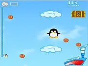 Rocketeer Penguin free online launch game screenshot showing a penguin with a rocket flying high in the sky