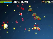 Screenshot of Outerspace Fury free online game, showing a player's starship firing lasers at a large formation of alien attack ships in space