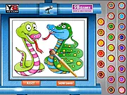 Screenshot of a black-and-white line drawing of two intertwined snakes, ready for the player to use digital tools to add colors and shadows.