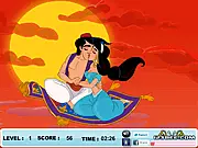 Screenshot of Aladdin's Love Kiss online game, showing Aladdin and Jasmine trying to kiss while Genie, Abu, and Jafar look away or watch them