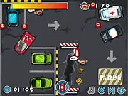 A large red fire truck carefully being parked in a marked blue zone near a city building in the free online game