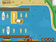 A luxury yacht being carefully navigated and parked into a tight slip in the marina in the free docking game