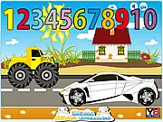 Screenshot of a busy, colorful urban scene with multiple hidden cars and trucks camouflaged among other objects, in a counting game for children.