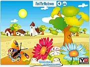 Screenshot of a colorful, cartoon forest scene with many different types of mushrooms, flowers, horses, and butterflies, challenging the player to find the single mushroom with red dots.