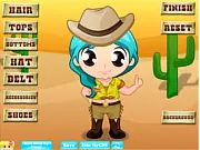 Screenshot of Effie the Cowgirl Dress Up game showing a cowgirl character wearing a wide-brimmed hat, plaid shirt, and boots, with a ranch background.