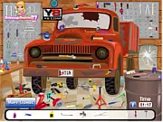 Screenshot of Dad's Garage game showing a cluttered but organized mechanic's garage with tools, car parts, and a classic car being worked on.