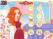 Screenshot of Oh So Glamorous Makeover game showing a girl with perfect skin, applying bright pink lipstick and wearing a sparkling evening gown and jewelry.