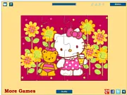 Hello Kitty with Teddy Bear jigsaw puzzle game, solved image of Hello Kitty in a flower garden, play free online puzzle game.