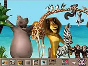 Screenshot of Madagascar 3 Hidden Spots free online game, showing a scene from the movie with Alex the lion and Marty the zebra, with hidden spots to click on