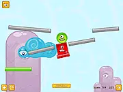 Cyclop Physics Level Pack game screenshot, showing a one-eyed figure in different shapes near color-coded platforms, physics puzzle game