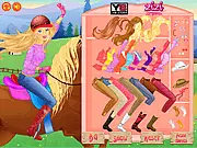 Beauty Riding Camp dress up game screenshot, showing a beautiful girl in a stylish equestrian outfit standing next to her horse at camp