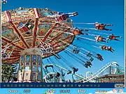 Funfair Hidden Alphabet free online game screenshot showing a busy carnival scene with rides and people, highlighting a tiny hidden letter 'R' camouflaged in the background.