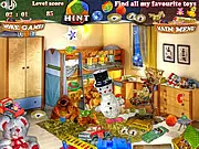 Screenshot of Happy Kitty Room, a hidden object game with a kitten and various household items