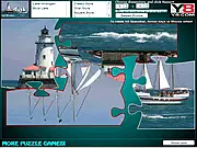 Screenshot of Jigsaw: On the Lake free online puzzle game, showing a tranquil lake scene with scattered pieces.