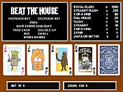 Screenshot of Beat the House video poker machine, showing a game in progress with casino cards and betting buttons.