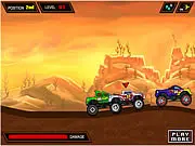 A large red monster truck driving quickly over a bumpy, off-road track on a steep hill, illustrating the Monster Hill Ride online game