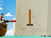 Something, Something, Pirates! free online game screenshot, pirate shooting a cannon at boxes on platforms, physics destruction game on PlayArcadeHub