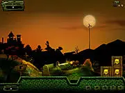 Gameplay screenshot of Scary Cannon showing a dark, spooky scene with a large cannon on the left and a structure of wood blocks, pumpkins, and skulls on the right.