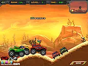 Screenshot of Crazy Monster Truck Racing free online game, showing a large truck crushing obstacles on a dirt track.